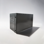 Gray single-door bike locker with closed door and minimalist design, suitable for both outdoor and indoor bicycle parking.