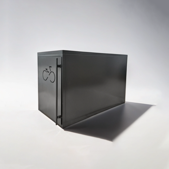 Gray single-door bike locker with closed door and minimalist design, suitable for both outdoor and indoor bicycle parking.