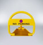 Front view of yellow carbon steel fold-down parking bollard with 'NO PARKING' sign and key-operated lock, used for parking space control.