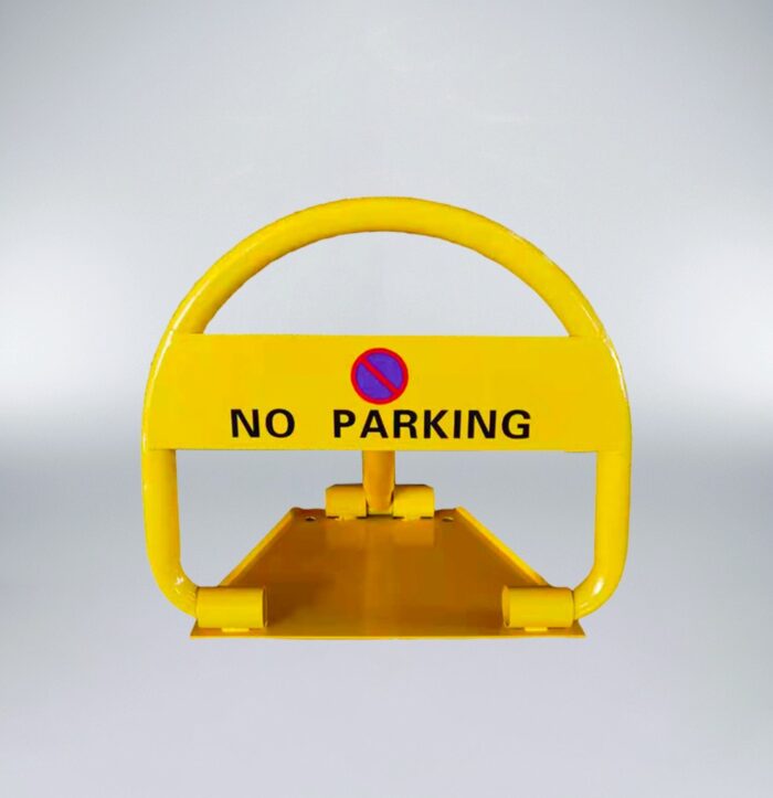 Front view of yellow carbon steel fold-down parking bollard with 'NO PARKING' sign and key-operated lock, used for parking space control.