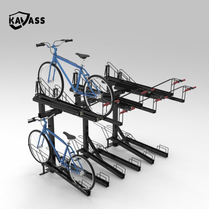3D model of KAVASS dual-assisted bike rack with blue bicycle demonstrating parking method and visible brand logo highlighting design details.