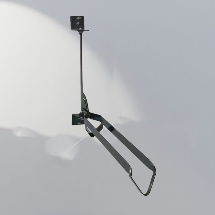 Black metal Swing Wall Mount Bike Rack with simple design, suitable for wall mounting in bicycle storage areas.