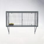 Front view of gray wall-mounted mesh locker with door closed and locked, showcasing secure appearance and closed state design.