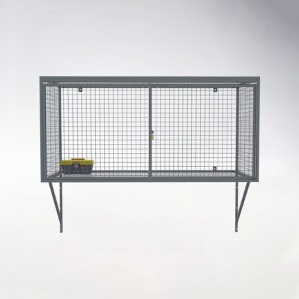 Front view of gray wall-mounted mesh locker with door closed and locked, showcasing secure appearance and closed state design.