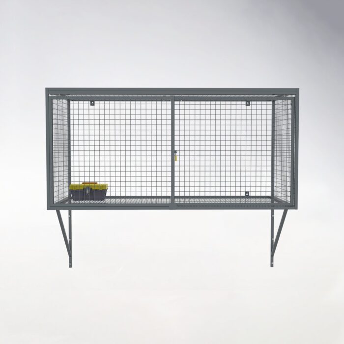 Front view of gray wall-mounted mesh locker with door closed and locked, showcasing secure appearance and closed state design.