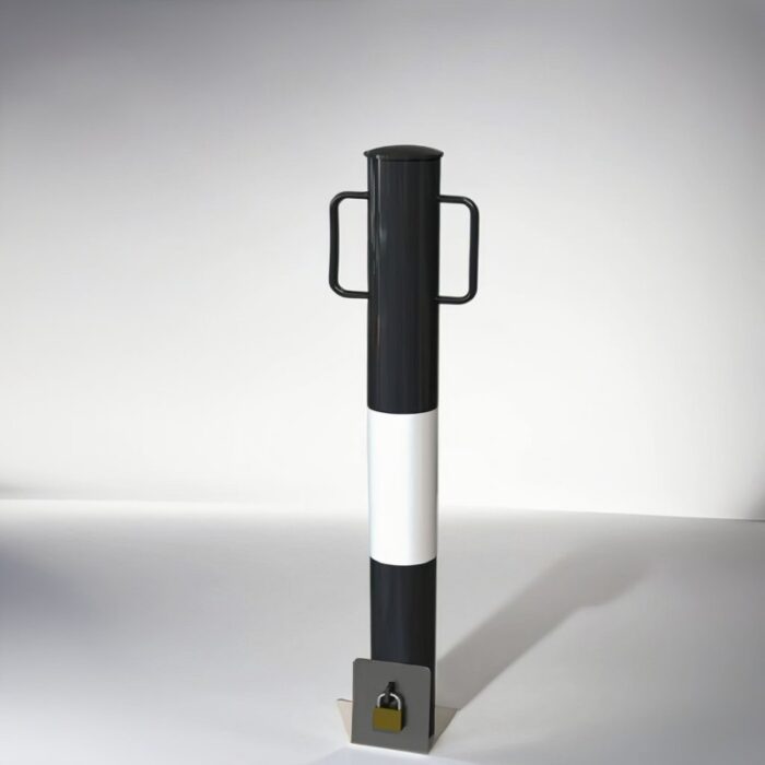 Black and white 89-type underground movable bollard with binaural handle, equipped with a bottom padlock to control movement and ensure area security.