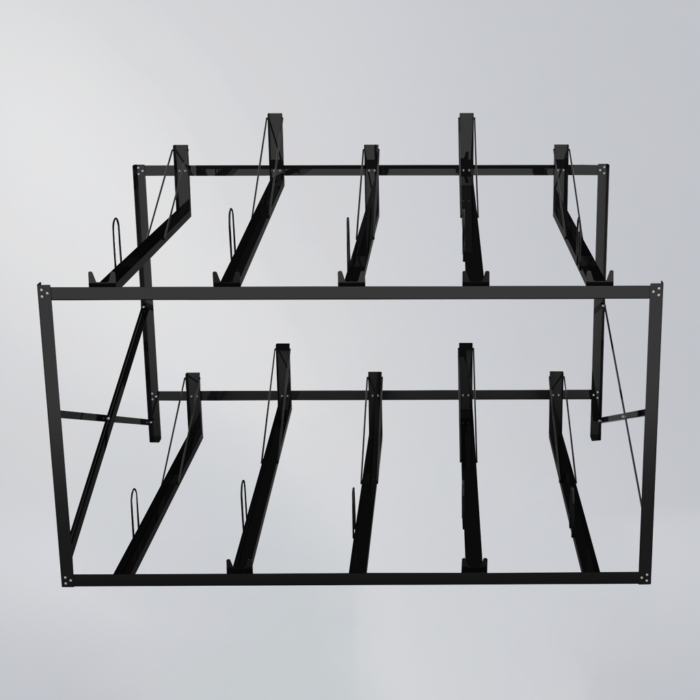 Fixed No Gas Assist Double Decker Bike Rack with 10 parking slots, black steel structure, designed without gas assist for commercial spaces.