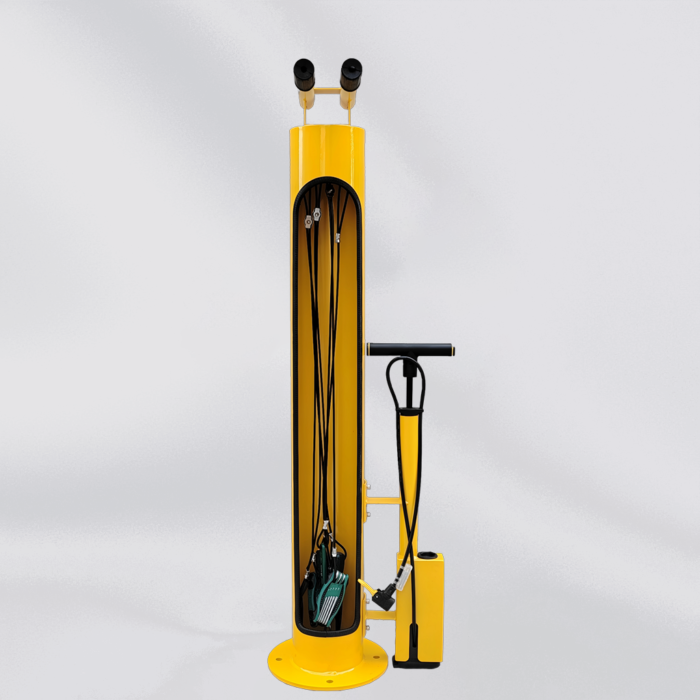 Yellow bike repair station equipped with tire pump and multiple tools for routine bike servicing.