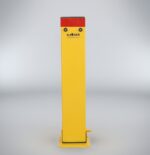 Front view of yellow square manual folding bollard with red reflective strip and KAVASS logo, used for driveway entry protection.