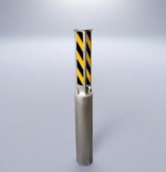 Manual retractable bollard with black and yellow reflective film, ideal for use in schools, hospitals, and commercial spaces.