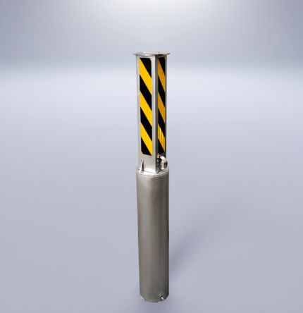 Manual retractable bollard with black and yellow reflective film, ideal for use in schools, hospitals, and commercial spaces.