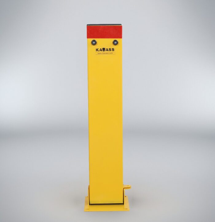 Front view of yellow square manual folding bollard with red reflective strip and KAVASS logo, used for driveway entry protection.