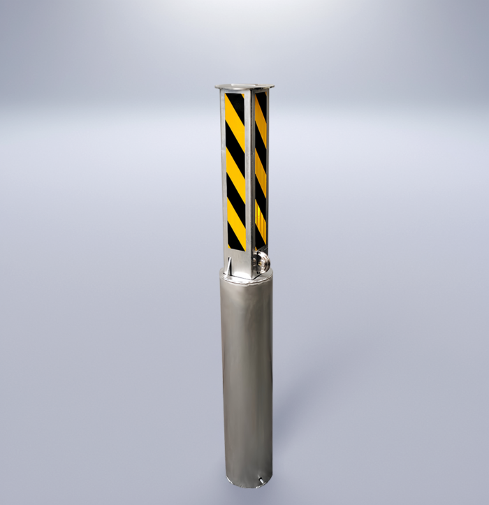 Manual retractable bollard with black and yellow reflective film, ideal for use in schools, hospitals, and commercial spaces.