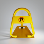 Front view of yellow A-type manual parking lock with no-parking sign, placed to reserve exclusive parking spots.