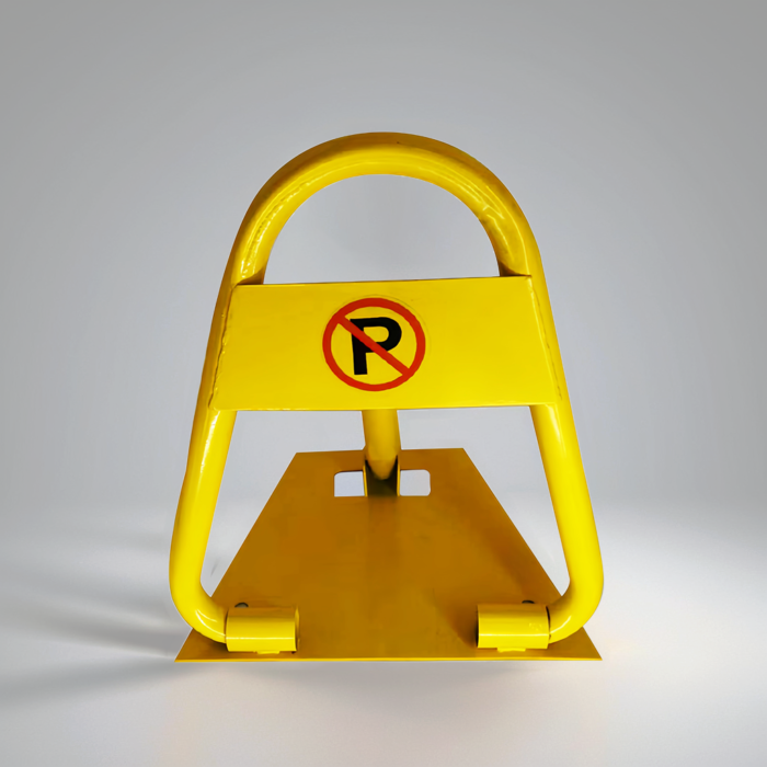 Front view of yellow A-type manual parking lock with no-parking sign, placed to reserve exclusive parking spots.