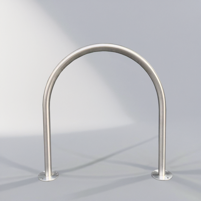 Surface-mounted hoop bike rack made of 316 stainless steel, featuring a smooth finish and minimalist design for bicycle parking.