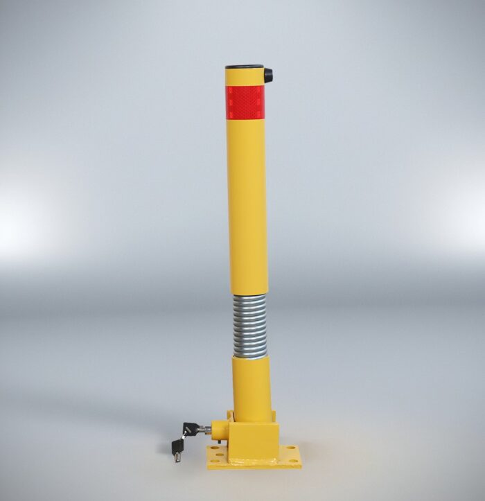 Spring-loaded 60 bollard in upright position, yellow crash-resistant post with red reflective tape, designed for traffic control and parking lot safety.