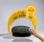 Front view of yellow D-type solar-powered parking lock with 'NO PARKING' sign, upgraded thick motor, solar charging, and remote control, suitable for international bulk orders.