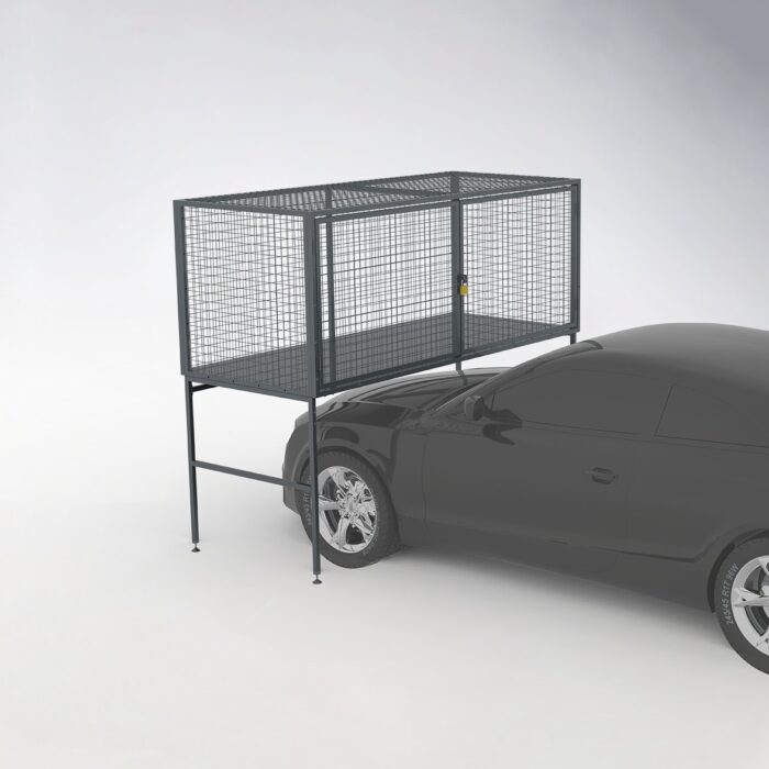 Gray metal mesh over bonnet storage locker with a lock, mounted on a car hood, showing its integrated use with the vehicle.