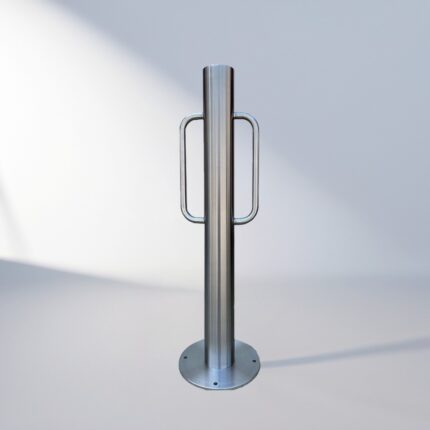 Single stainless steel D-type bollard bike rack with smooth surface, integrated handle, and simple design for outdoor bicycle parking.