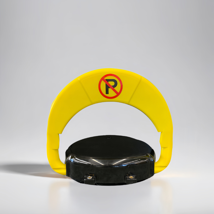 Yellow IoT parking lock with a no-parking symbol, featuring a high-visibility design for parking space control.