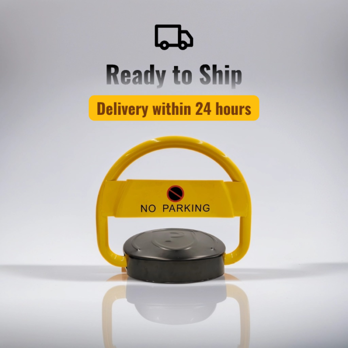 Parking Lock with O-Type Arm and P-Type Base, yellow model shown with 'Ready to Ship in 24 Hours' notice, highlighting quick delivery capability.