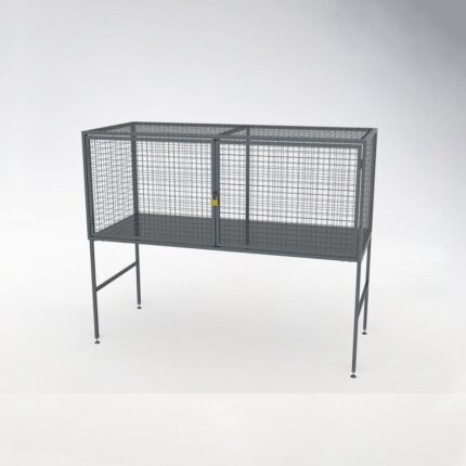 Standalone over bonnet storage locker with gray mesh metal construction and built-in lock, suitable for outdoor or industrial item storage.