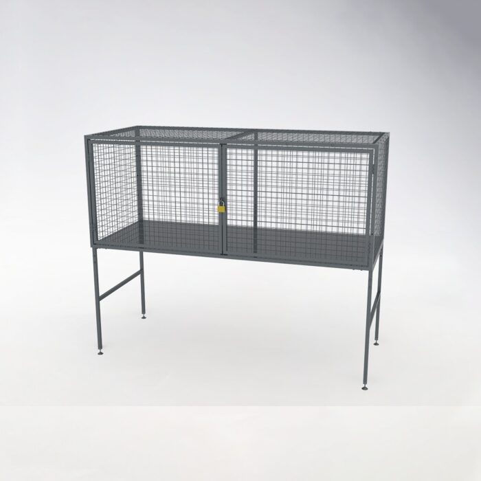 Standalone over bonnet storage locker with gray mesh metal construction and built-in lock, suitable for outdoor or industrial item storage.