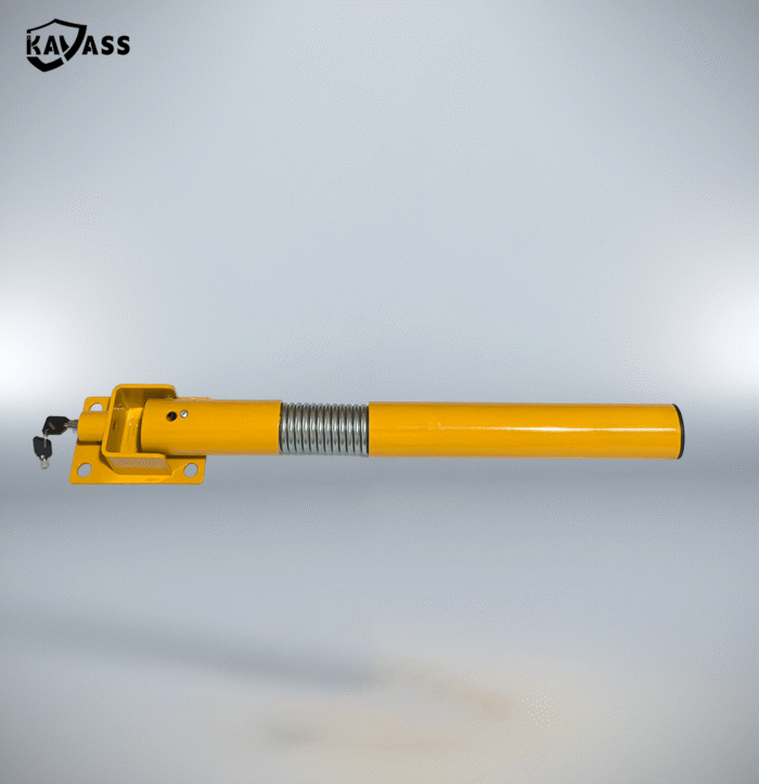 Folded 60 spring-loaded yellow safety bollard with locking system, designed for vehicle access control and parking protection in urban infrastructure.