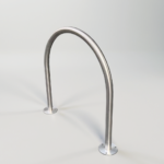 Surface-mounted 316 stainless steel hoop bike rack, highlighting its metallic texture and stable frame for secure bicycle placement.