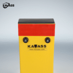 Upper section of folded-down yellow parking bollard, highlighting red reflector and KAVASS branding for visibility.