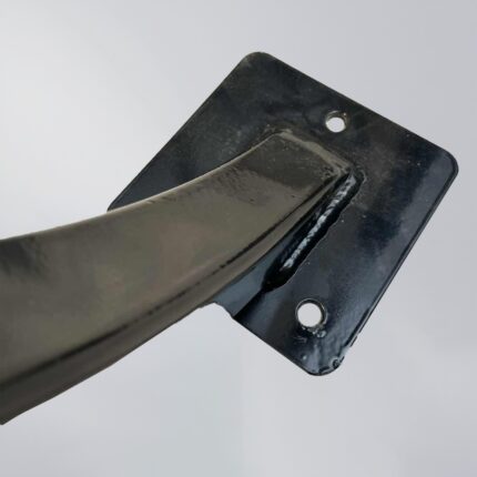 Close-up of the square mounting base on the black square-tube bike rack, showing metal construction and visible welding seams for structural strength.