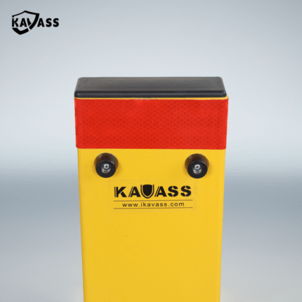 Upper section of folded-down yellow parking bollard, highlighting red reflector and KAVASS branding for visibility.