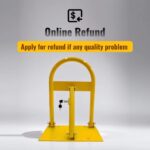 Yellow manual parking lock with built-in lock, text above mentions online refund available for quality-related issues.