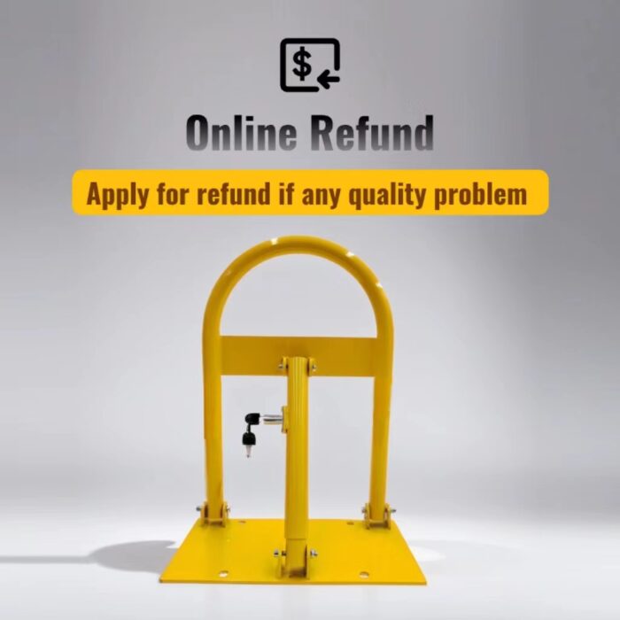 Yellow manual parking lock with built-in lock, text above mentions online refund available for quality-related issues.
