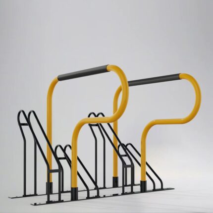 Yellow E-coated and powder coated Triangle stand bike rack with black components, highly visible and corrosion-resistant for various environments.