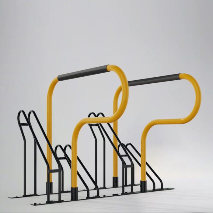 Yellow E-coated and powder coated Triangle stand bike rack with black components, highly visible and corrosion-resistant for various environments.