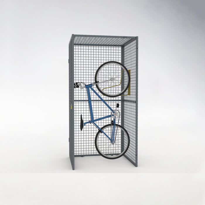 Side view of a blue bicycle suspended and fixed inside a storage mesh locker, showing space-efficient hanging method.