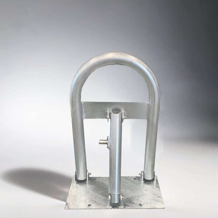 Side view of galvanized carbon steel parking bollard, highlighting the metal frame and key-operated locking mechanism.