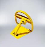 Side angle of foldable yellow carbon steel parking bollard, showing key lock mechanism for secure individual parking spot access.