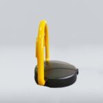 Side view of solar-powered parking lock, featuring yellow curved bar and black base, showcasing side structure and design features.