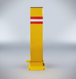 Rear perspective of folding yellow bollard, showing solid steel construction with black base plate and plastic end cap.