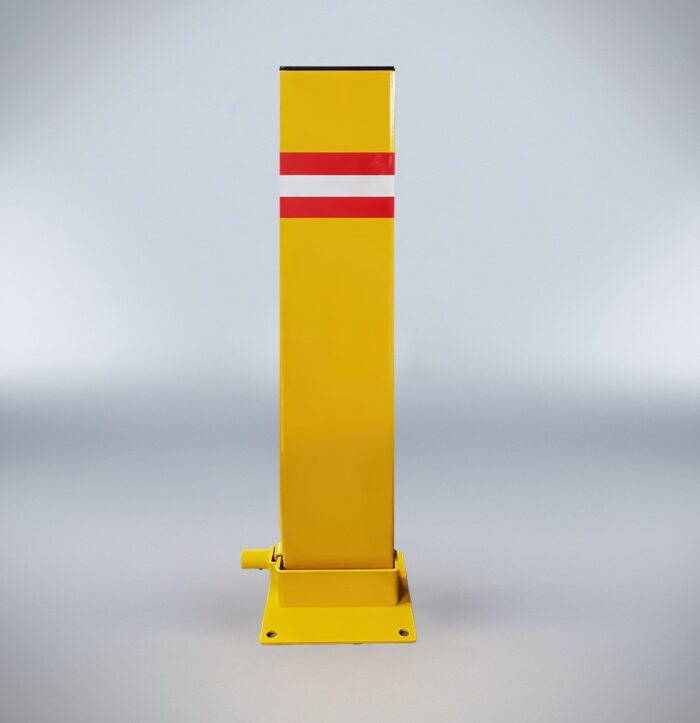 Rear perspective of folding yellow bollard, showing solid steel construction with black base plate and plastic end cap.