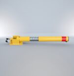 Folded 60 spring-loaded yellow safety bollard with locking system, designed for vehicle access control and parking protection in urban infrastructure.
