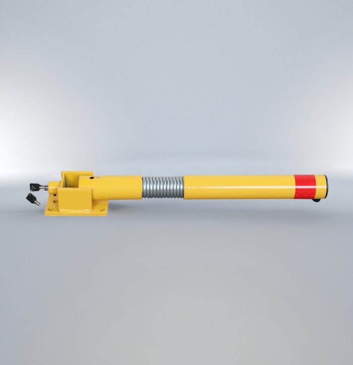 Folded 60 spring-loaded yellow safety bollard with locking system, designed for vehicle access control and parking protection in urban infrastructure.