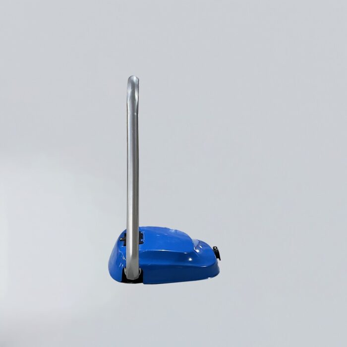Side profile of solar parking lock, showing vertical structure of blue body and silver swing arms.