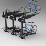 3D view of multiple KAVASS dual-assisted bike racks with blue bicycles, demonstrating combined installation for large-scale parking systems.