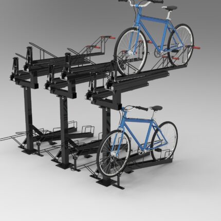 3D view of multiple KAVASS dual-assisted bike racks with blue bicycles, demonstrating combined installation for large-scale parking systems.