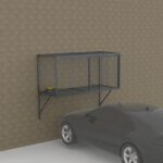 Gray wall-mounted metal locker installed on patterned wall above a black car, illustrating real-world usage and space efficiency.