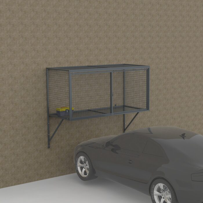 Gray wall-mounted metal locker installed on patterned wall above a black car, illustrating real-world usage and space efficiency.